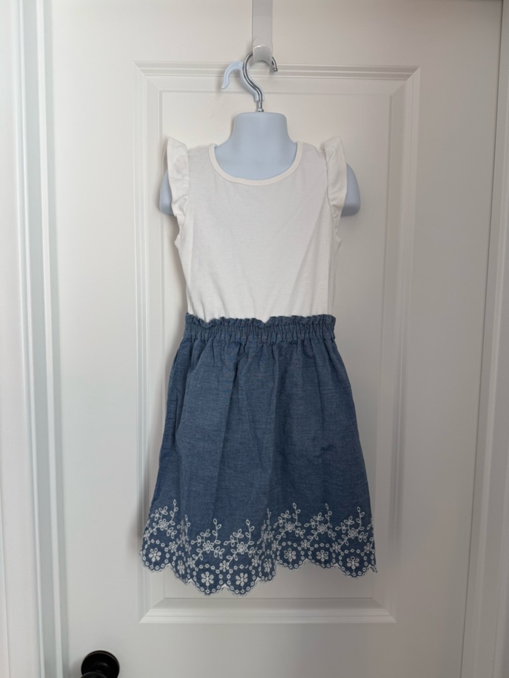 Girls White Ruffle Sleeve Top with Blue Embroidered Skirt